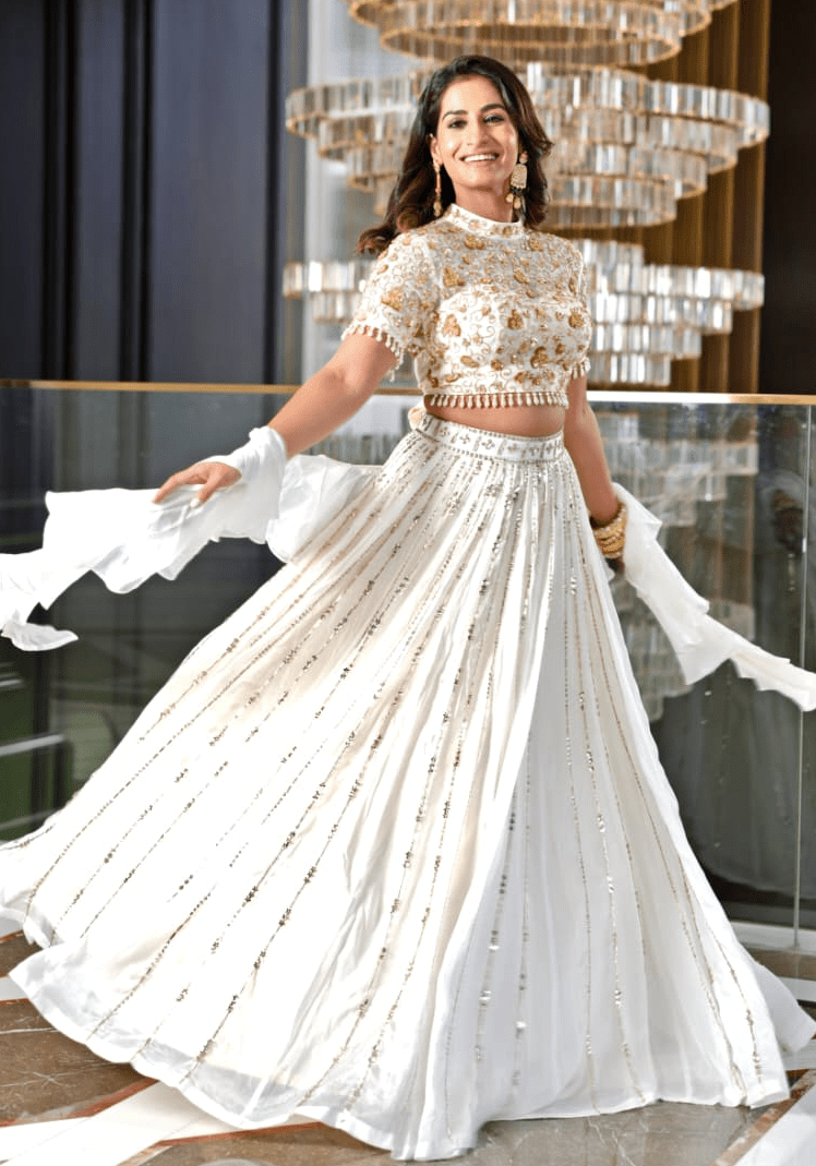 White and Gold Chiffon Lehenga Set Rashika Sharma - Fabilicious Fashion