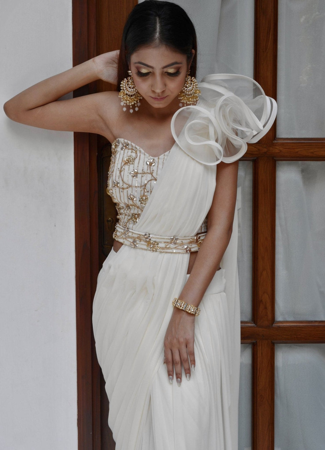 White and Gold Draped Saree Set Parul Gandhi - Fabilicious Fashion