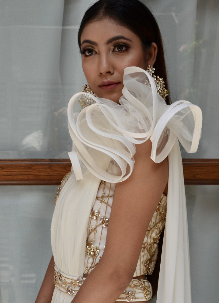 White and Gold Draped Saree Set Parul Gandhi - Fabilicious Fashion