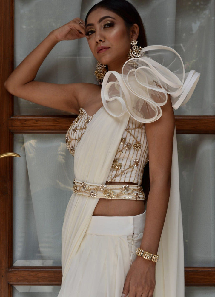 White and Gold Draped Saree Set Parul Gandhi - Fabilicious Fashion