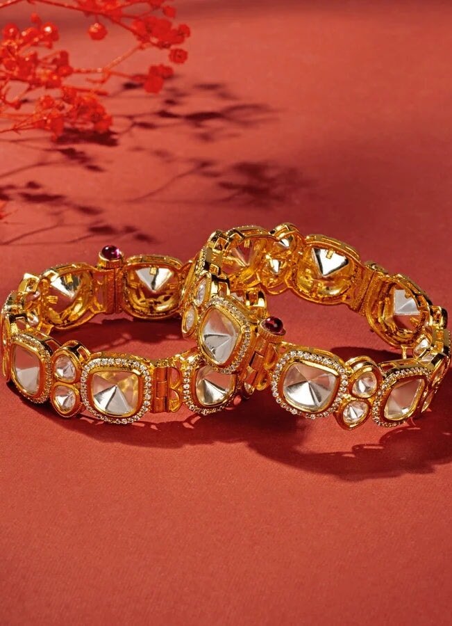 White and Gold Polki Diamond Kadas Zevar by Geeta - Fabilicious Fashion