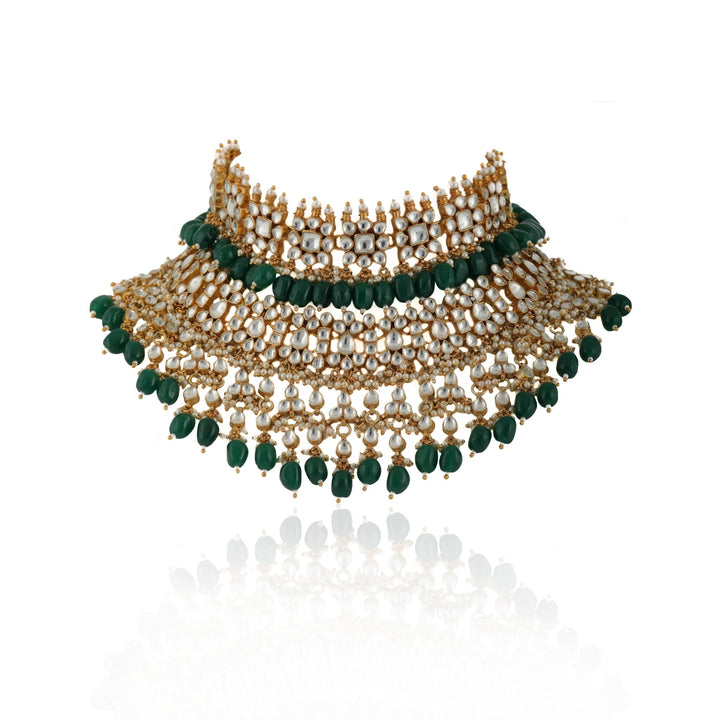 White And Green Jadtar Stone 2 Line Choker Bridal Set With Jhumki Earrings Riana by Shikha Jindal - Fabilicious Fashion