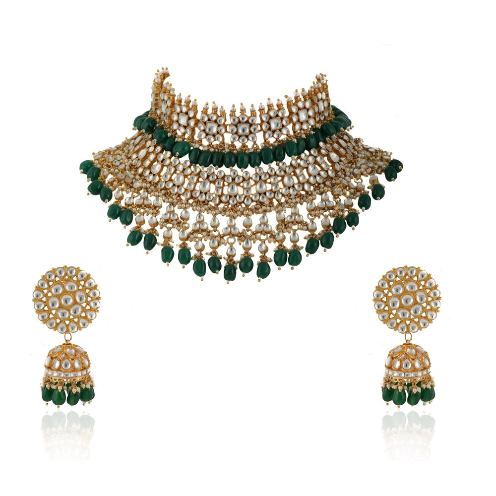 White And Green Jadtar Stone 2 Line Choker Bridal Set With Jhumki Earrings Riana by Shikha Jindal - Fabilicious Fashion