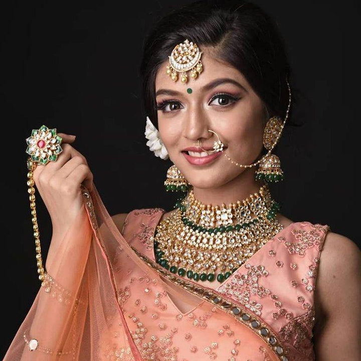 White And Green Jadtar Stone 2 Line Choker Bridal Set With Jhumki Earrings Riana by Shikha Jindal - Fabilicious Fashion