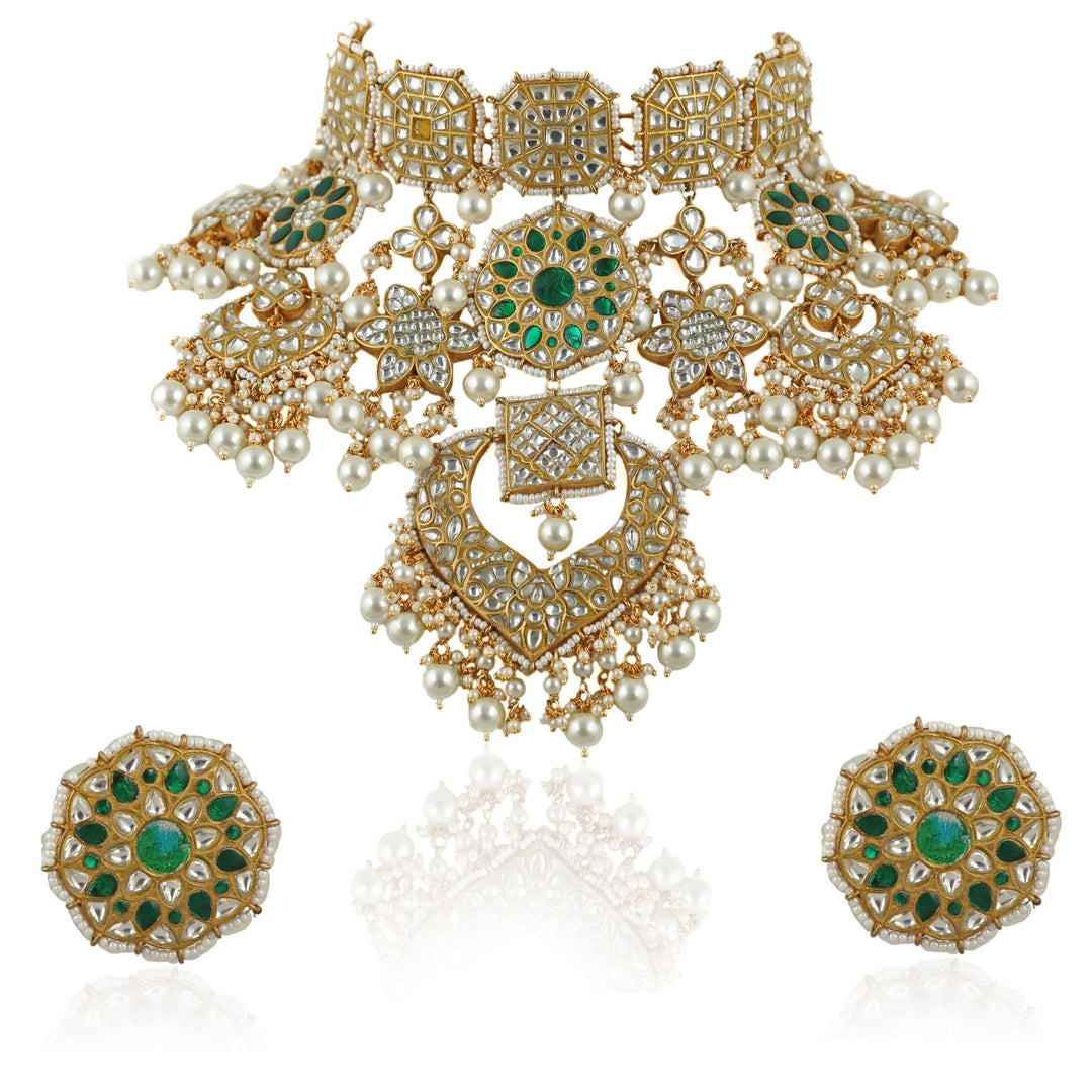 White And Green Jadtar Stone Heavy Bridal Necklace Set With White And Green Studs Kalyani Indian Jewelry - Fabilicious Fashion