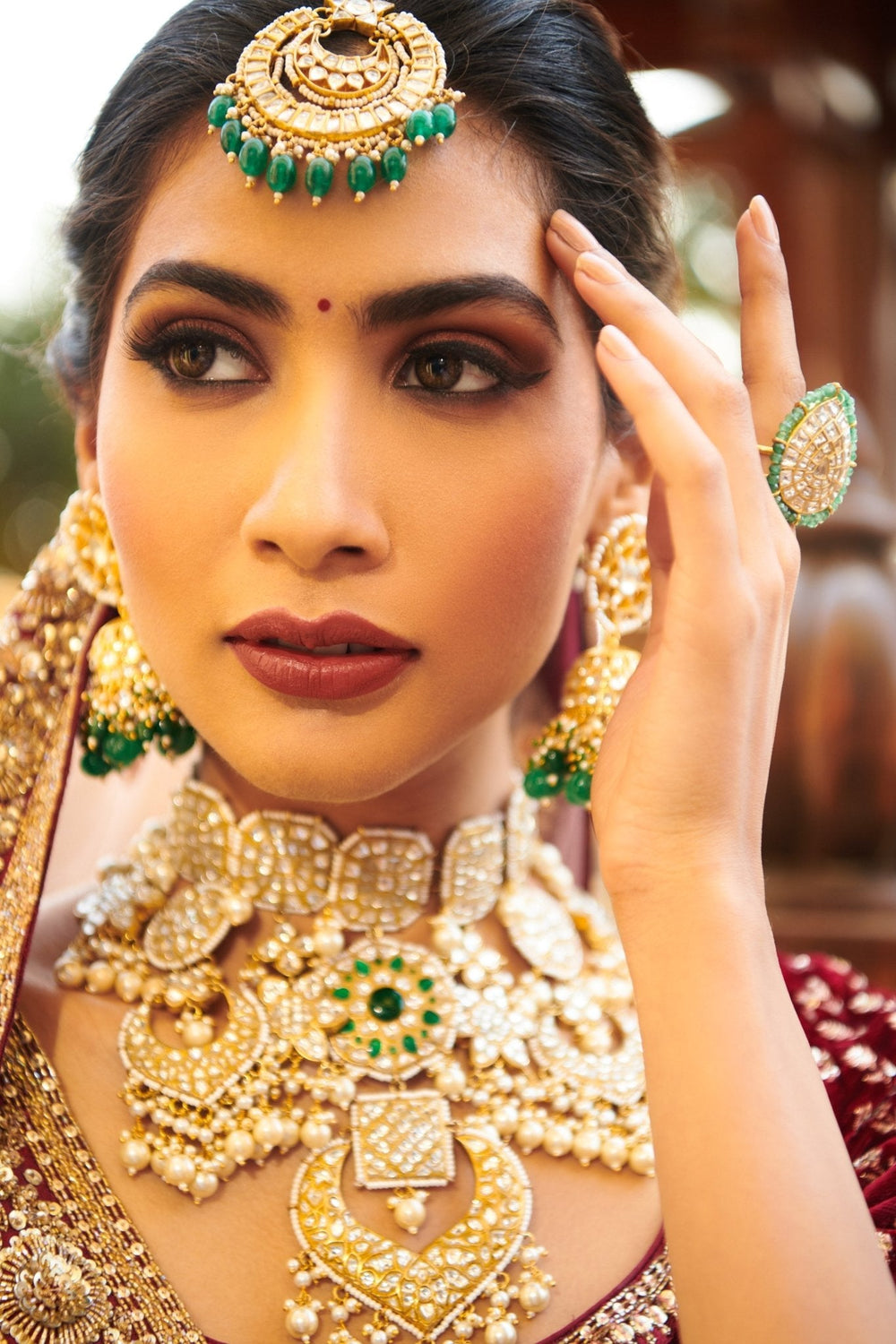 White And Green Jadtar Stone Heavy Bridal Necklace Set With White And Green Studs Kalyani Indian Jewelry - Fabilicious Fashion
