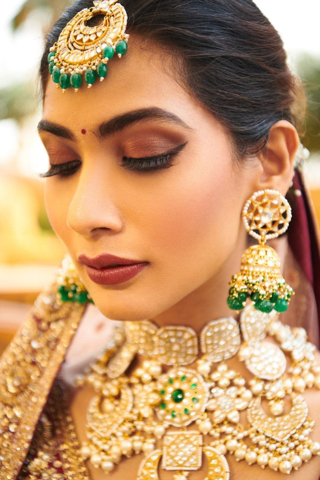 White And Green Jadtar Stone Heavy Bridal Necklace Set With White And Green Studs Kalyani Indian Jewelry - Fabilicious Fashion