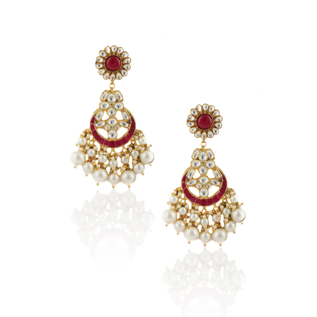 White And Hot Pink Floral Stone Earrings With Pearl Riana by Shikha Jindal - Fabilicious Fashion