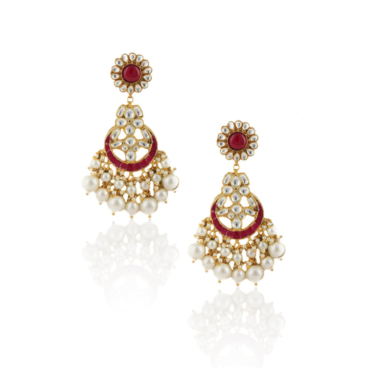 White And Hot Pink Floral Stone Earrings With Pearl Riana by Shikha Jindal - Fabilicious Fashion