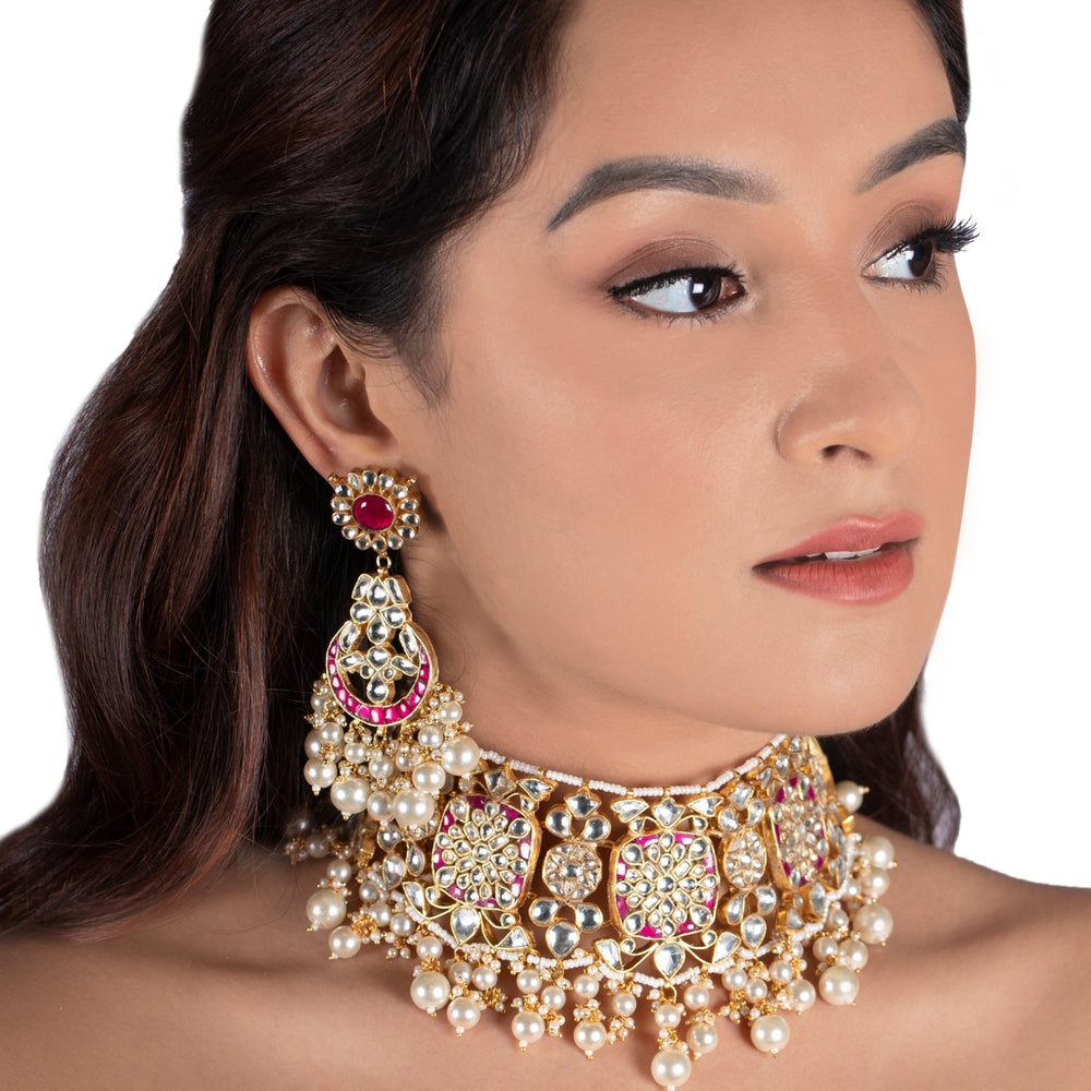 White And Hot Pink Floral Stone Earrings With Pearl Riana by Shikha Jindal - Fabilicious Fashion