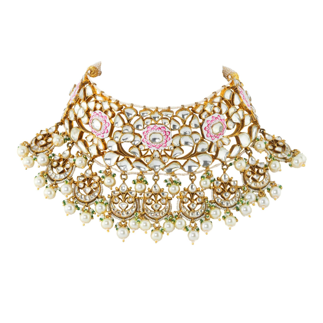 White And Pink Meena Necklace Set With Pearl Riana by Shikha Jindal - Fabilicious Fashion