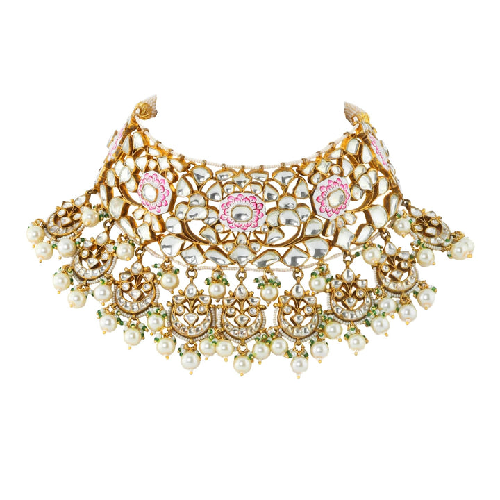White And Pink Meena Necklace Set With Pearl Riana by Shikha Jindal - Fabilicious Fashion
