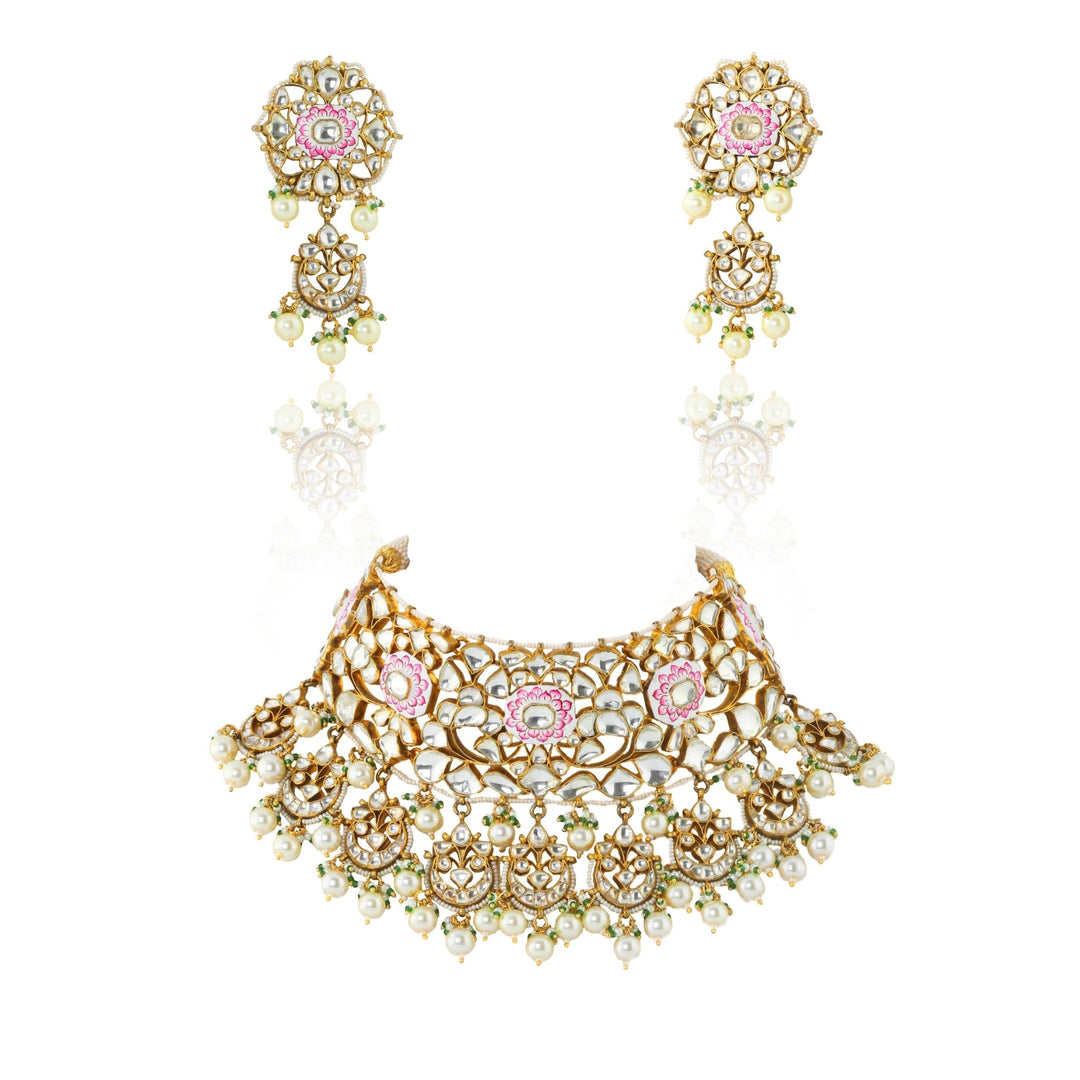 White And Pink Meena Necklace Set With Pearl Riana by Shikha Jindal - Fabilicious Fashion