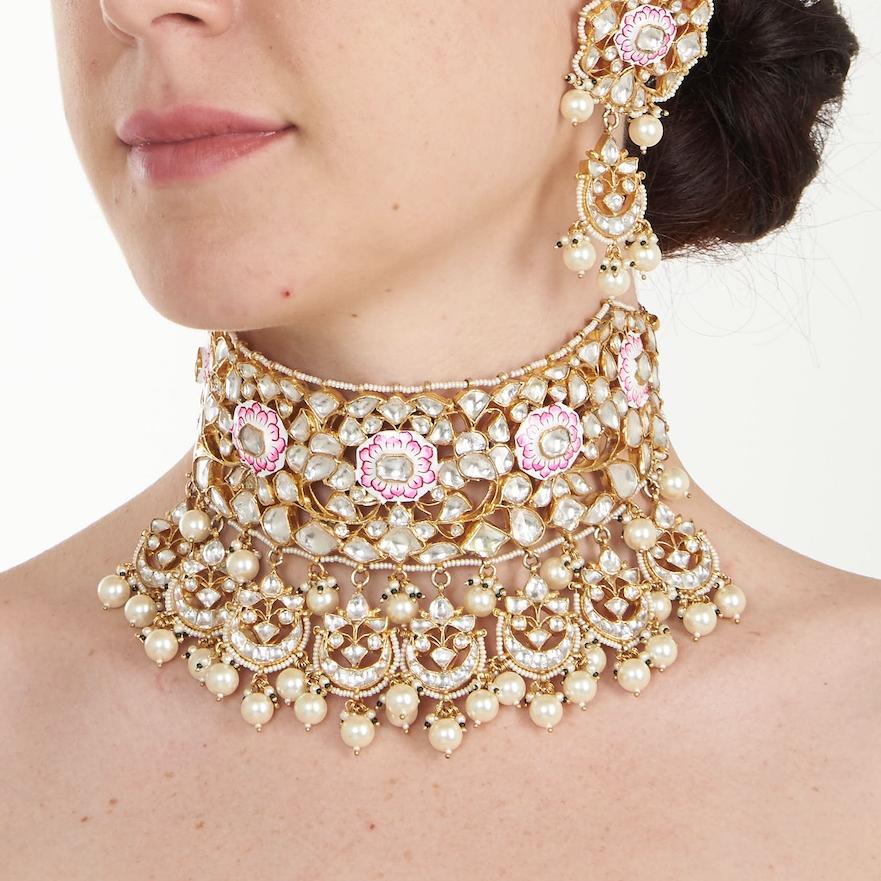 White And Pink Meena Necklace Set With Pearl Riana by Shikha Jindal - Fabilicious Fashion