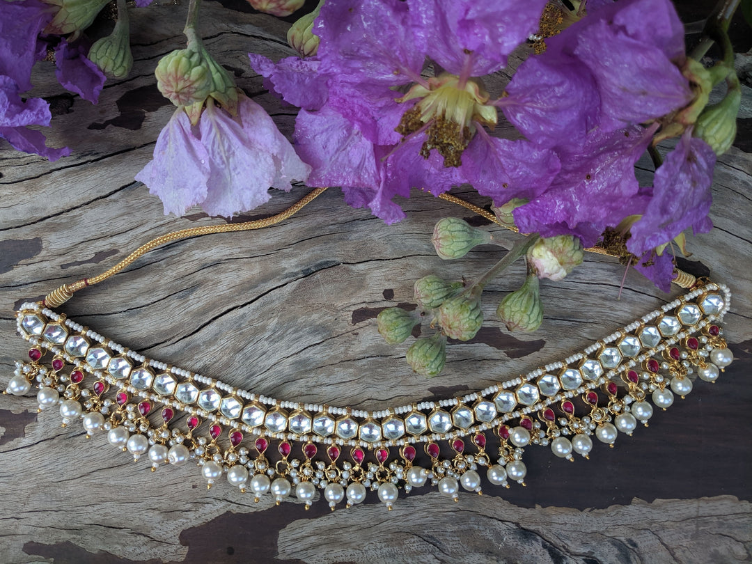 White And Pink Small Jadtar Stone Single Line Necklace With Pearl Riana by Shikha Jindal - Fabilicious Fashion