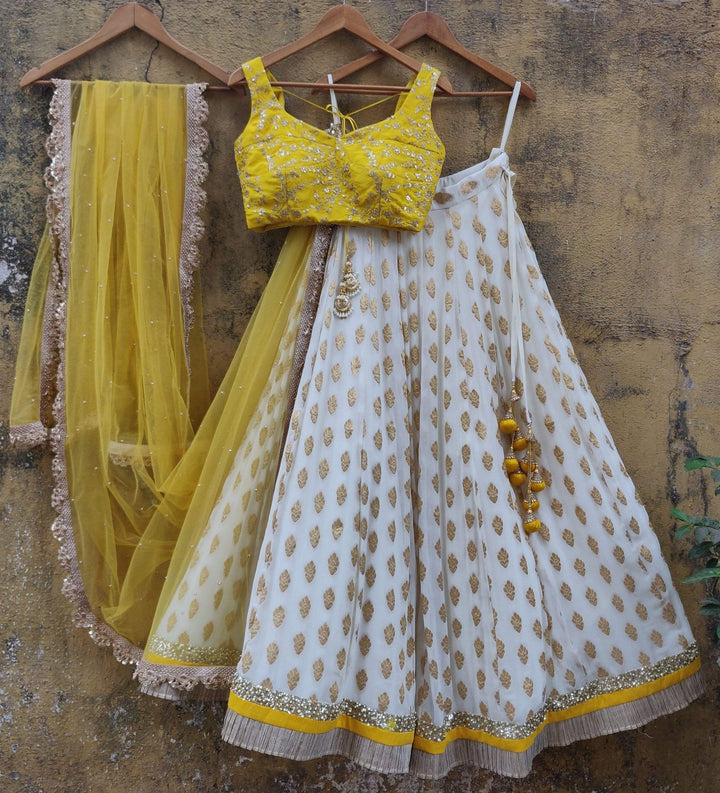 White and Yellow Ruffle Lehenga Set Priti Sahni - Fabilicious Fashion