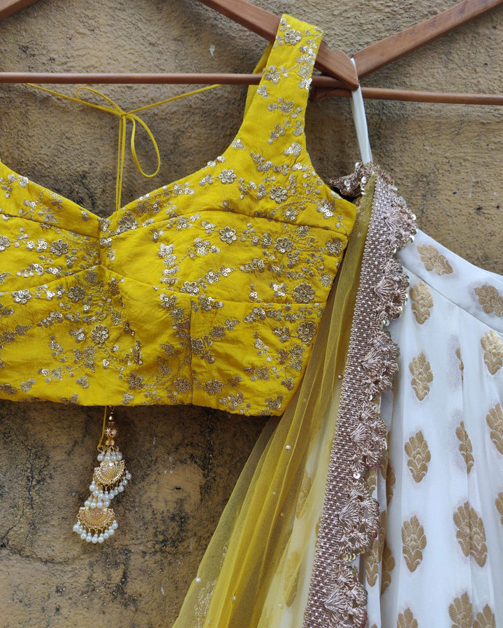 White and Yellow Ruffle Lehenga Set Priti Sahni - Fabilicious Fashion