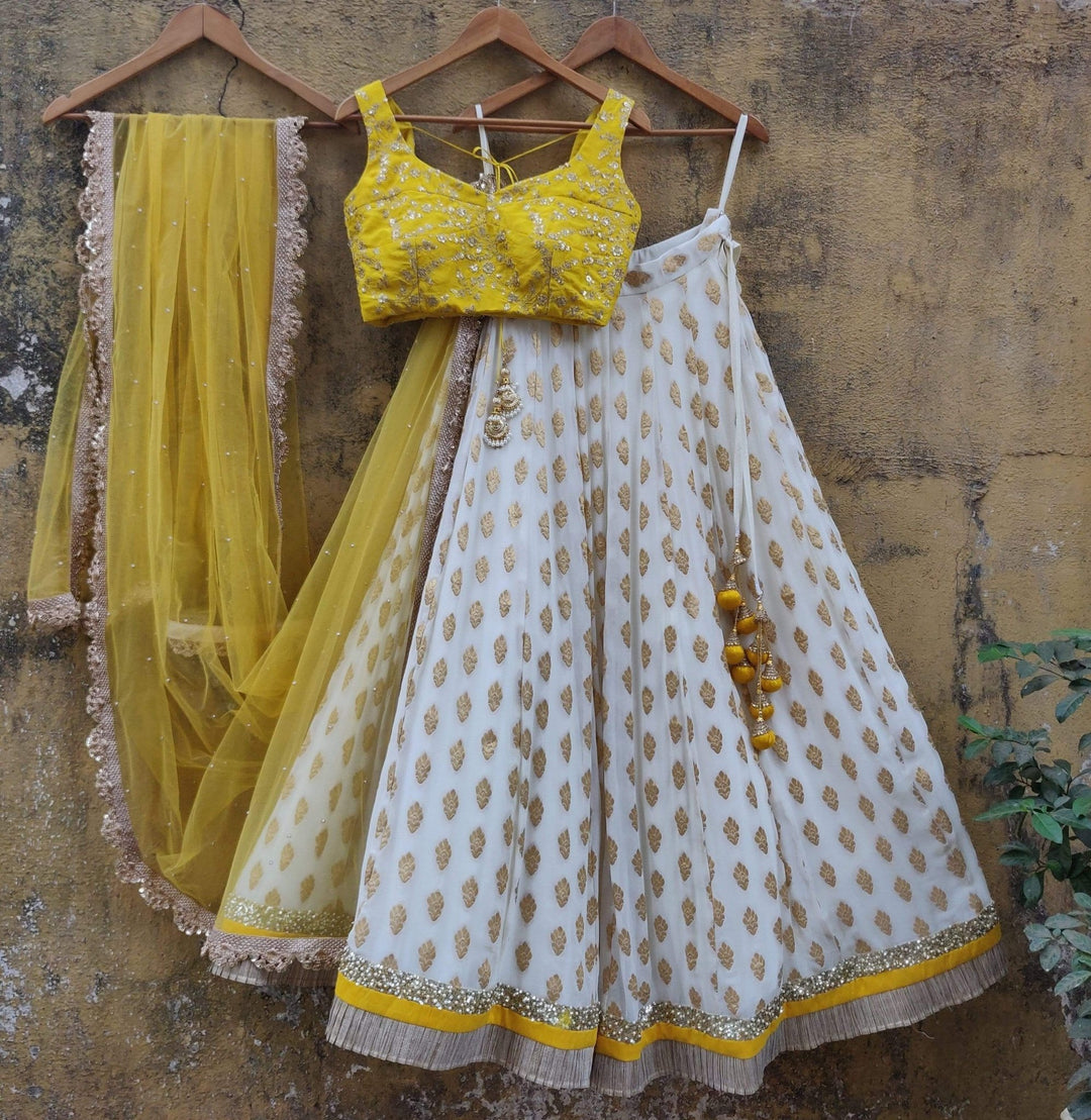 White and Yellow Ruffle Lehenga Set Priti Sahni - Fabilicious Fashion