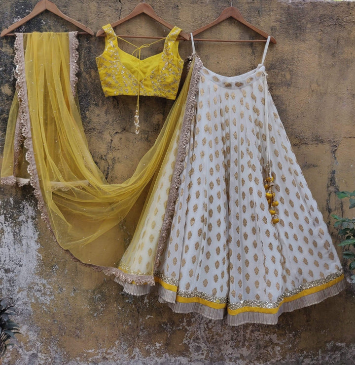 White and Yellow Ruffle Lehenga Set Priti Sahni - Fabilicious Fashion