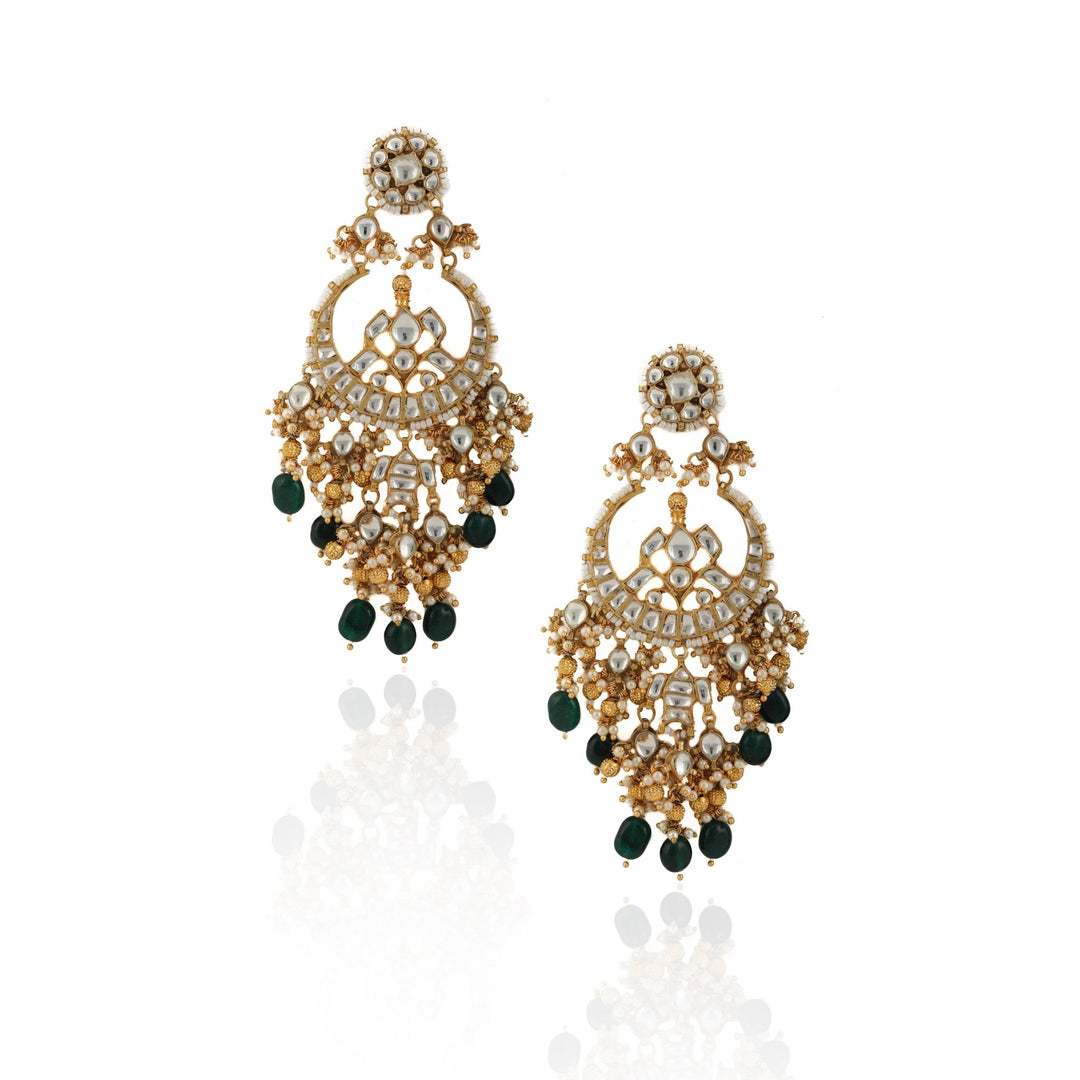 White Chand Baali With Golden Balls And Forest Green Beads Riana by Shikha Jindal - Fabilicious Fashion