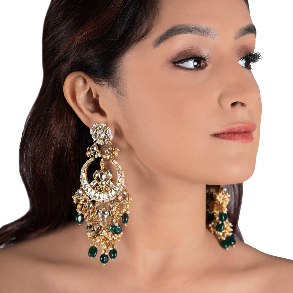 White Chand Baali With Golden Balls And Forest Green Beads Riana by Shikha Jindal - Fabilicious Fashion