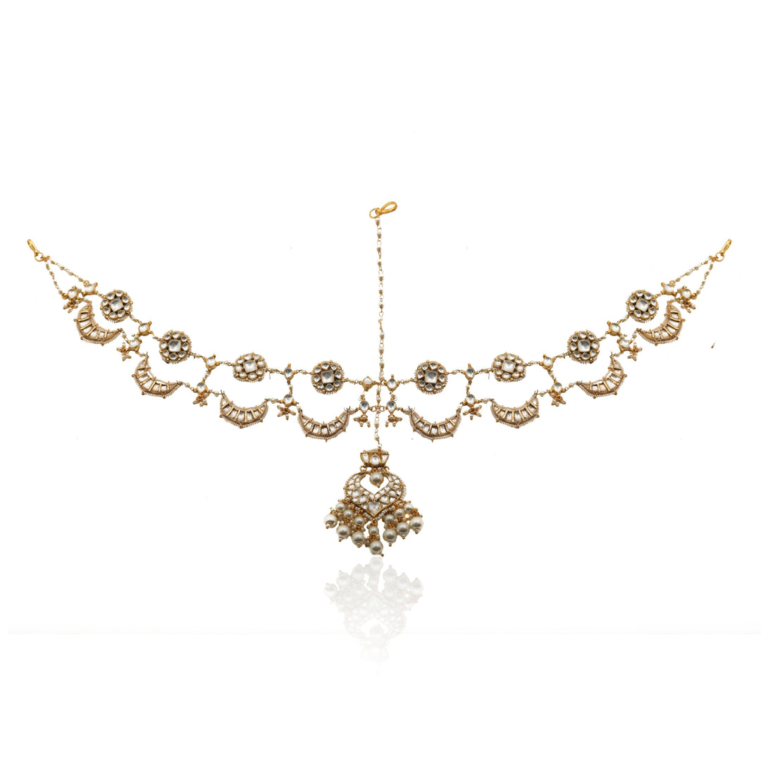 White Chand Shaped Mathapatti With Pearl Detail Riana by Shikha Jindal - Fabilicious Fashion