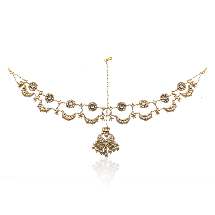 White Chand Shaped Mathapatti With Pearl Detail Riana by Shikha Jindal - Fabilicious Fashion