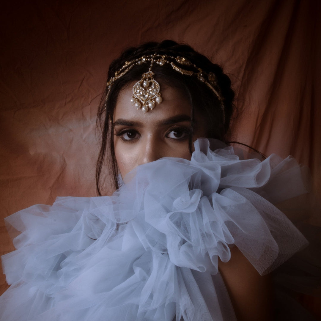 White Chand Shaped Mathapatti With Pearl Detail Riana by Shikha Jindal - Fabilicious Fashion
