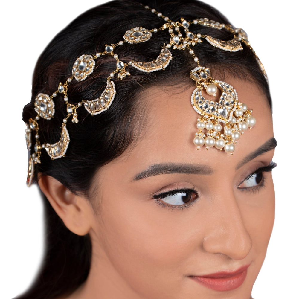 White Chand Shaped Mathapatti With Pearl Detail Riana by Shikha Jindal - Fabilicious Fashion