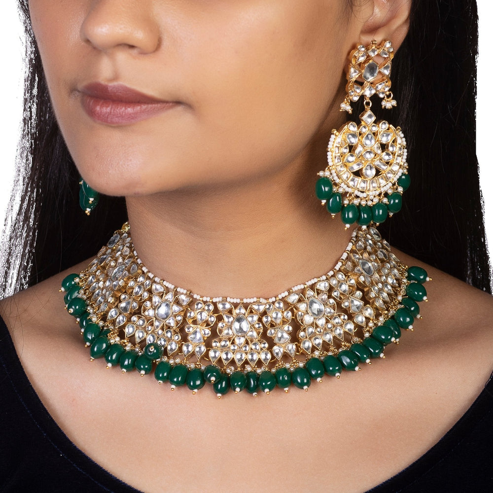 White Choker Set With Green Beads Riana by Shikha Jindal - Fabilicious Fashion