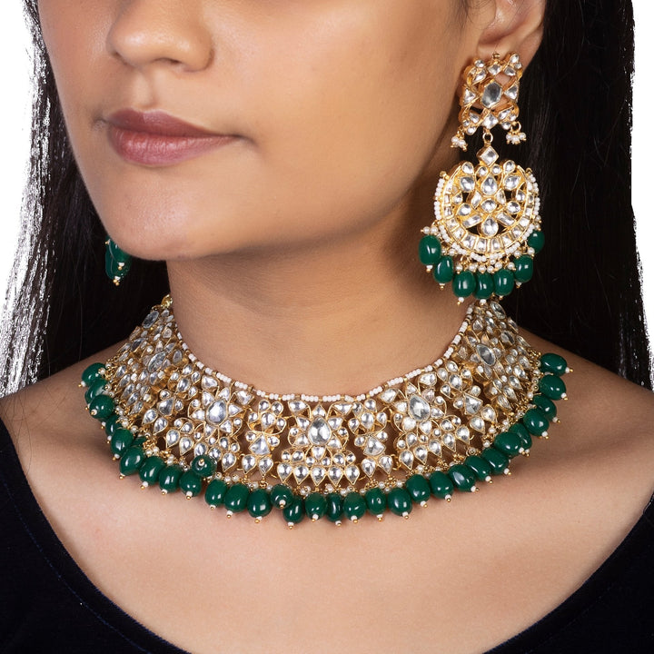 White Choker Set With Green Beads Riana by Shikha Jindal - Fabilicious Fashion