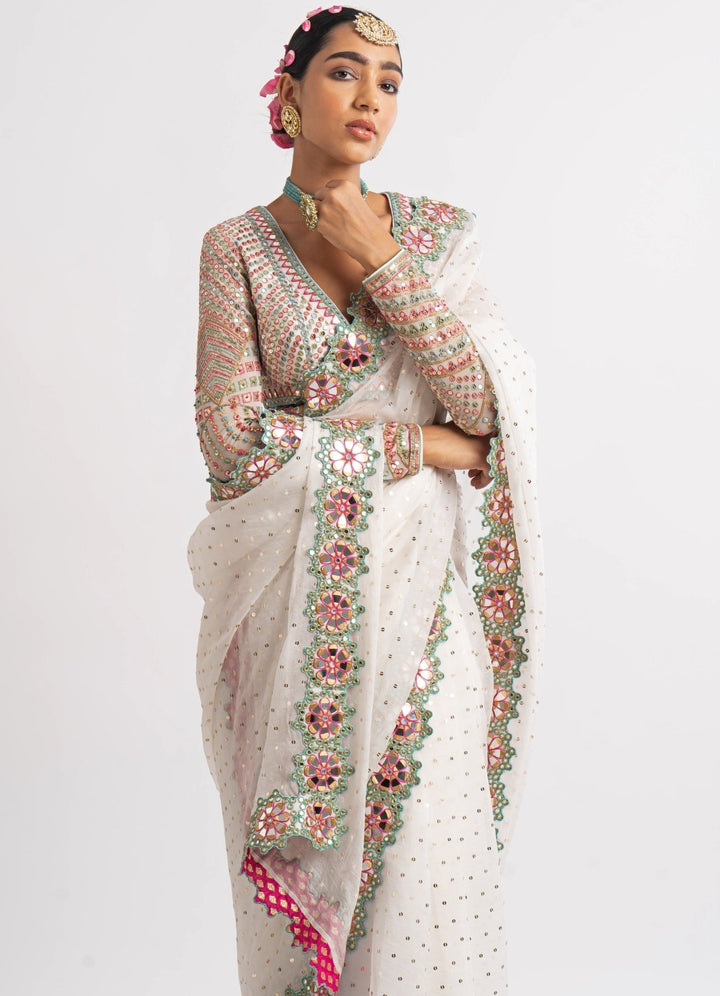 White Hand Cut Mirror Border Saree Set Vvani by Vani Vats - Fabilicious Fashion