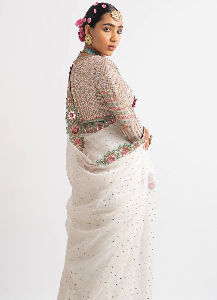 White Hand Cut Mirror Border Saree Set Vvani by Vani Vats - Fabilicious Fashion