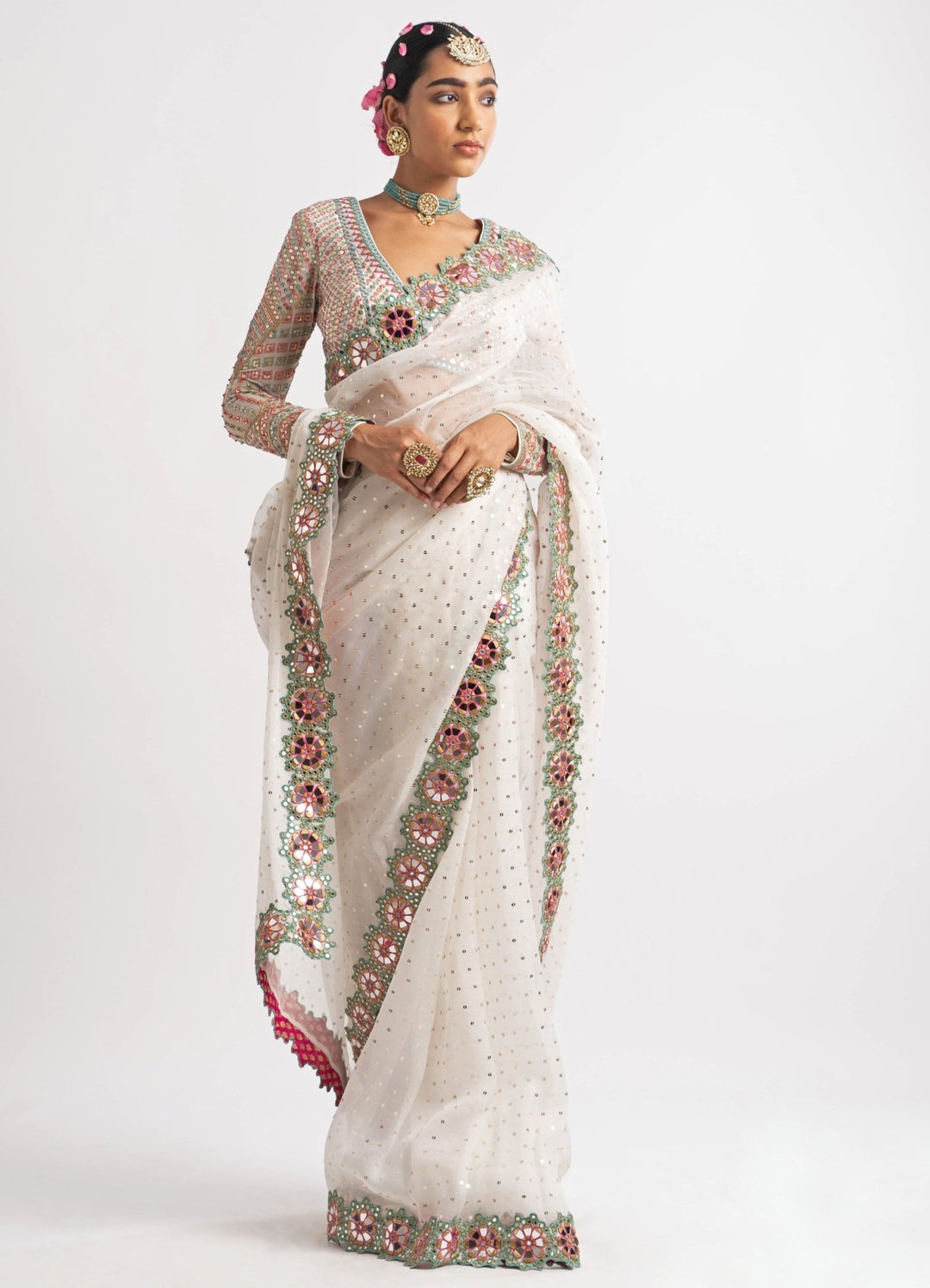 White Hand Cut Mirror Border Saree Set Vvani by Vani Vats - Fabilicious Fashion