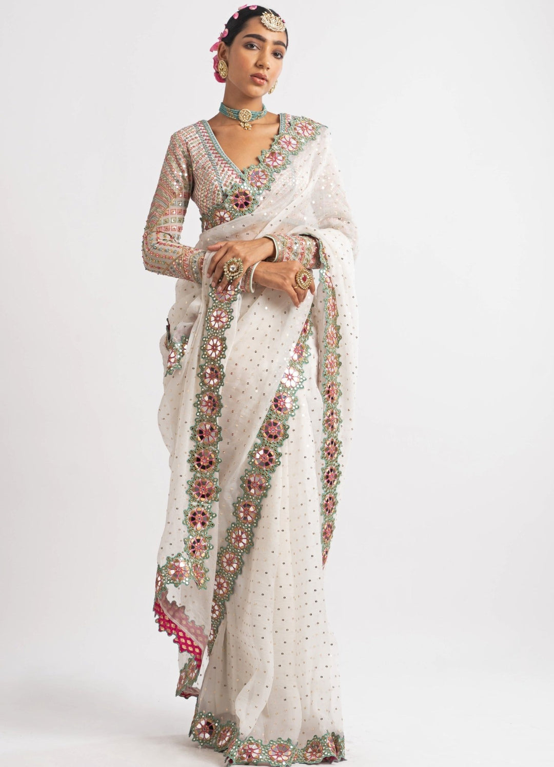White Hand Cut Mirror Border Saree Set Vvani by Vani Vats - Fabilicious Fashion