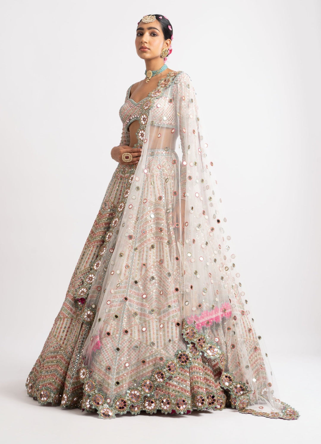 White Heavy Multi Geo Color Lehenga Set Vvani by Vani Vats - Fabilicious Fashion