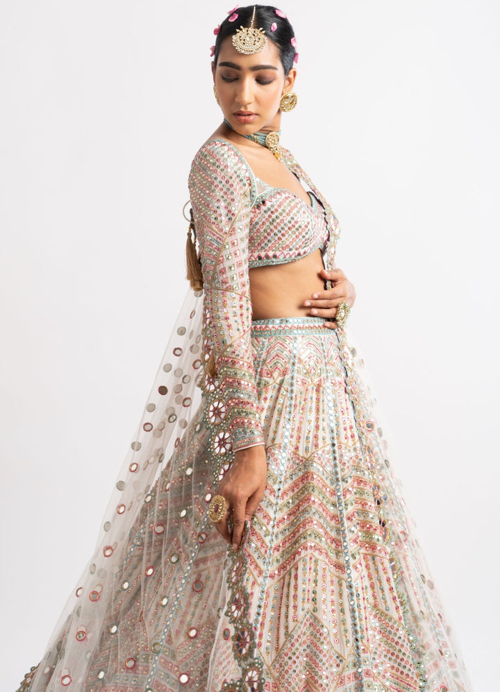 White Heavy Multi Geo Color Lehenga Set Vvani by Vani Vats - Fabilicious Fashion