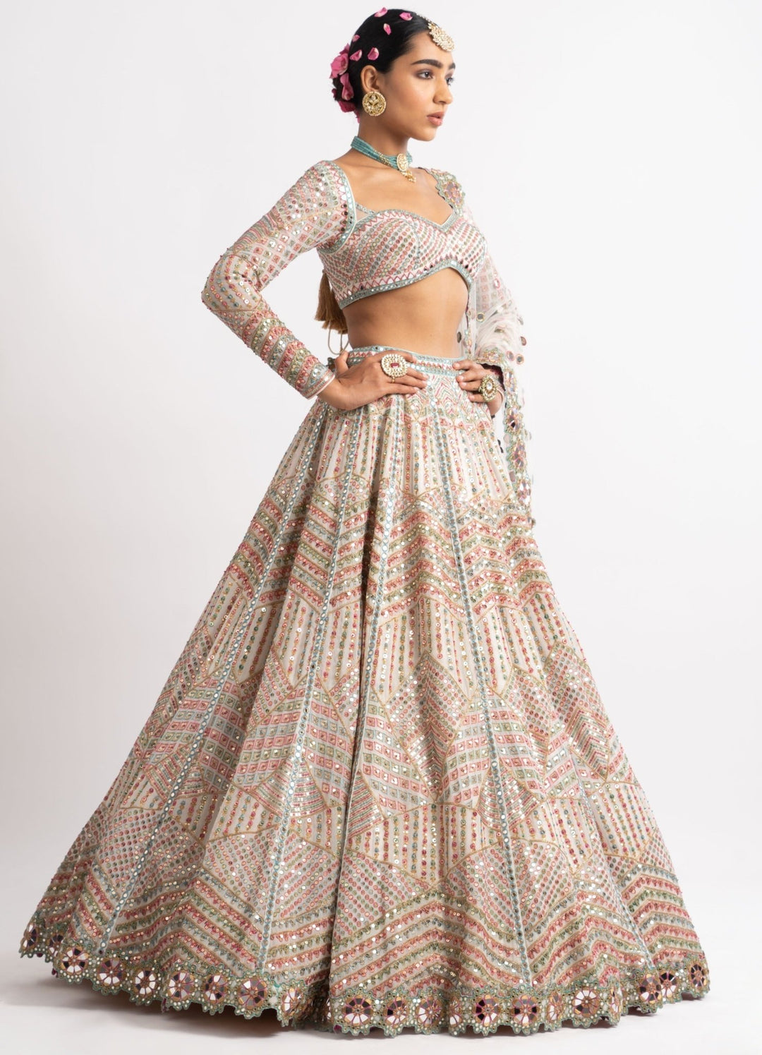 White Heavy Multi Geo Color Lehenga Set Vvani by Vani Vats - Fabilicious Fashion