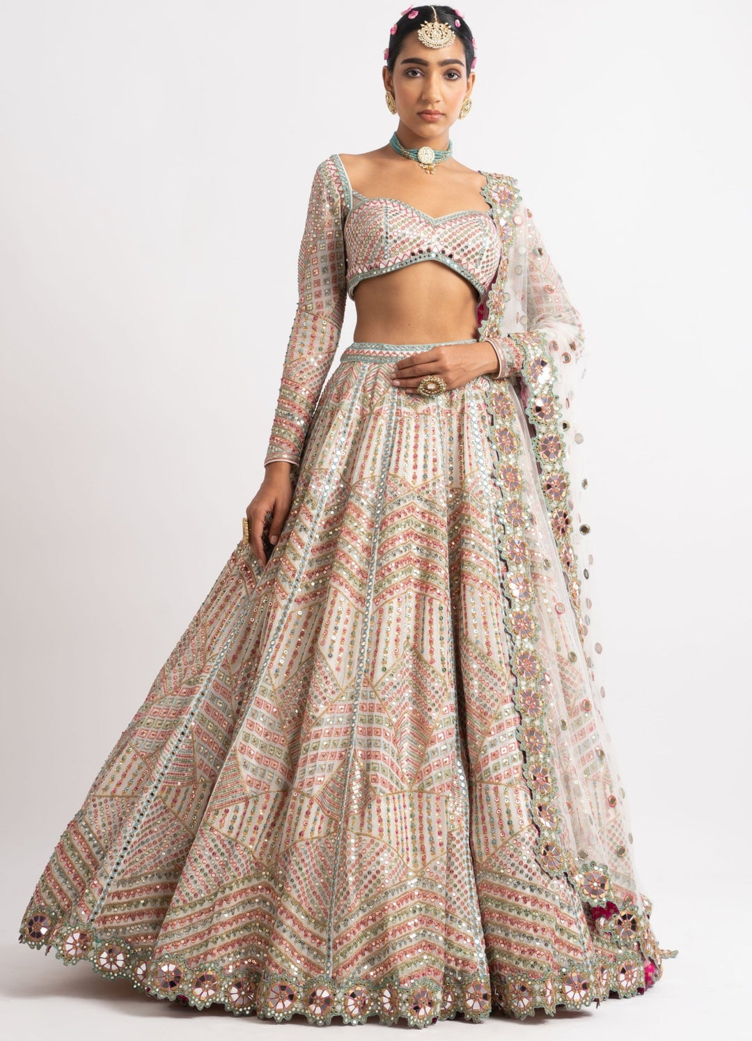White Heavy Multi Geo Color Lehenga Set Vvani by Vani Vats - Fabilicious Fashion