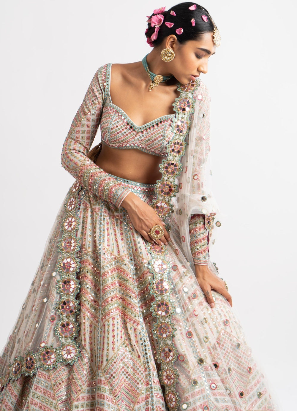 White Heavy Multi Geo Color Lehenga Set Vvani by Vani Vats - Fabilicious Fashion