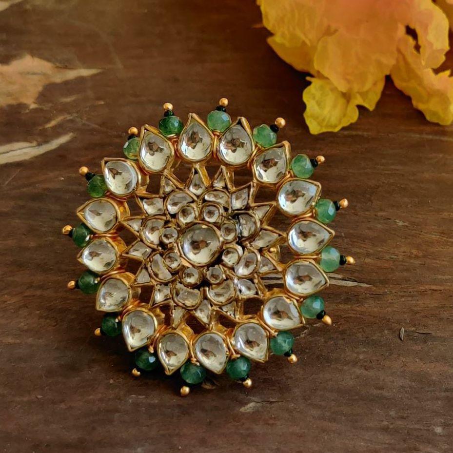 White Jadtar And Light Green Beads Floral Ring Riana by Shikha Jindal - Fabilicious Fashion