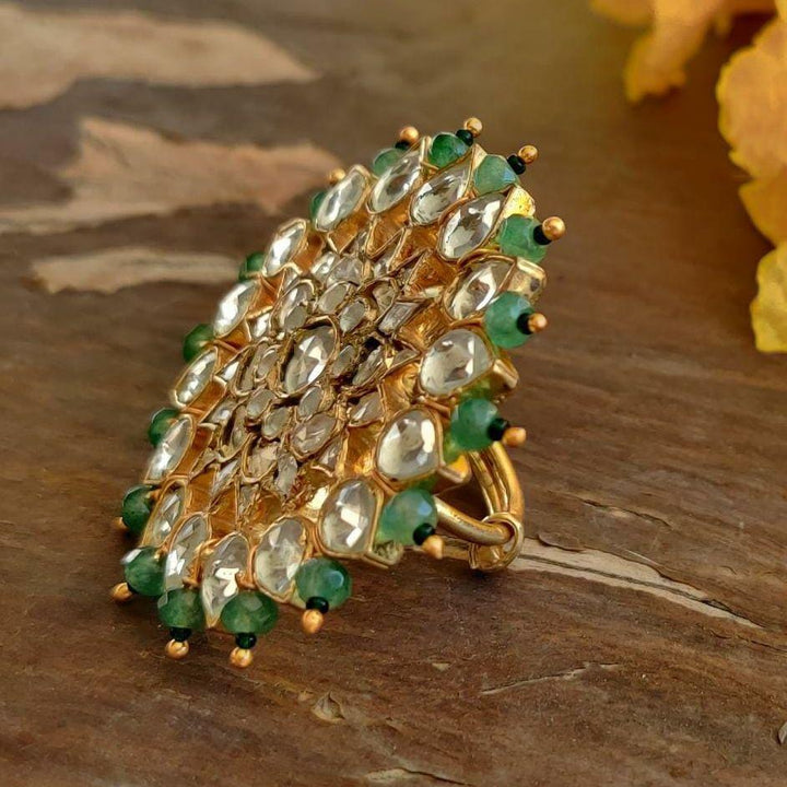 White Jadtar And Light Green Beads Floral Ring Riana by Shikha Jindal - Fabilicious Fashion