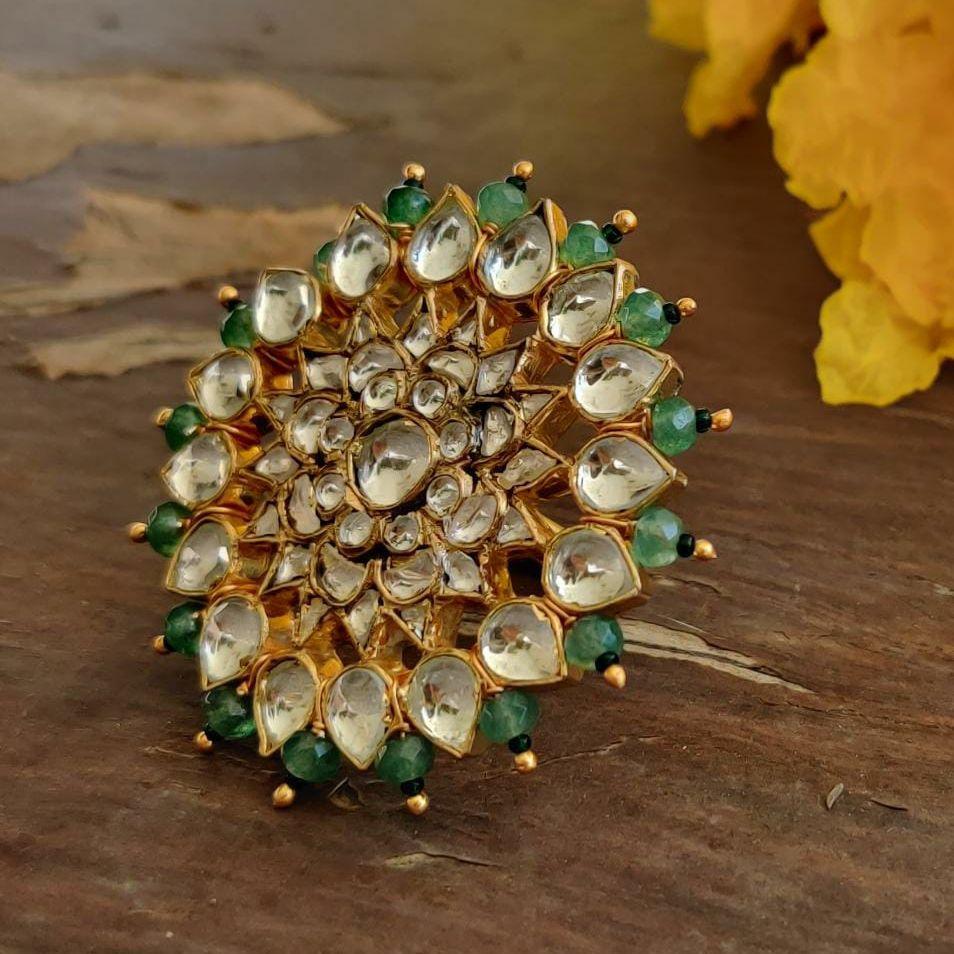 White Jadtar And Light Green Beads Floral Ring Riana by Shikha Jindal - Fabilicious Fashion