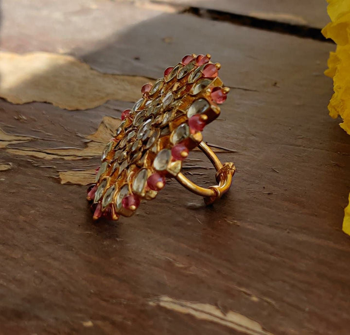 White Jadtar And Light Pink Beads Floral Ring Riana by Shikha Jindal - Fabilicious Fashion
