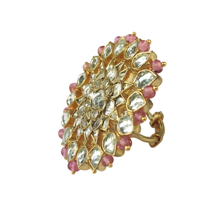 White Jadtar And Light Pink Beads Floral Ring Riana by Shikha Jindal - Fabilicious Fashion