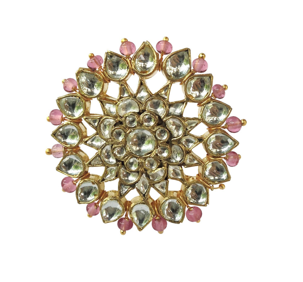 White Jadtar And Light Pink Beads Floral Ring Riana by Shikha Jindal - Fabilicious Fashion