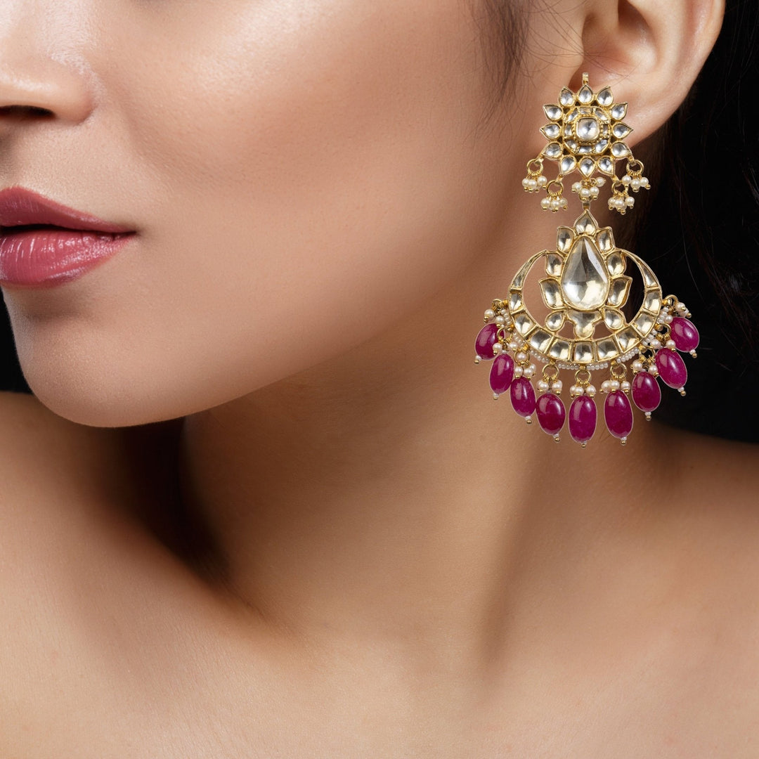 White Jadtar Earrings With Maroon Hangings Riana by Shikha Jindal - Fabilicious Fashion