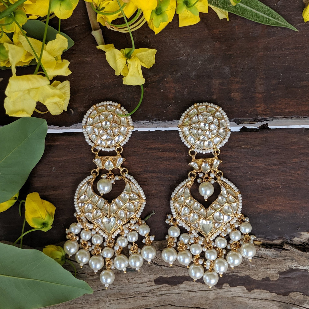 White Jadtar Stone Earrings With 2 Layer Pearl Beads Riana by Shikha Jindal - Fabilicious Fashion