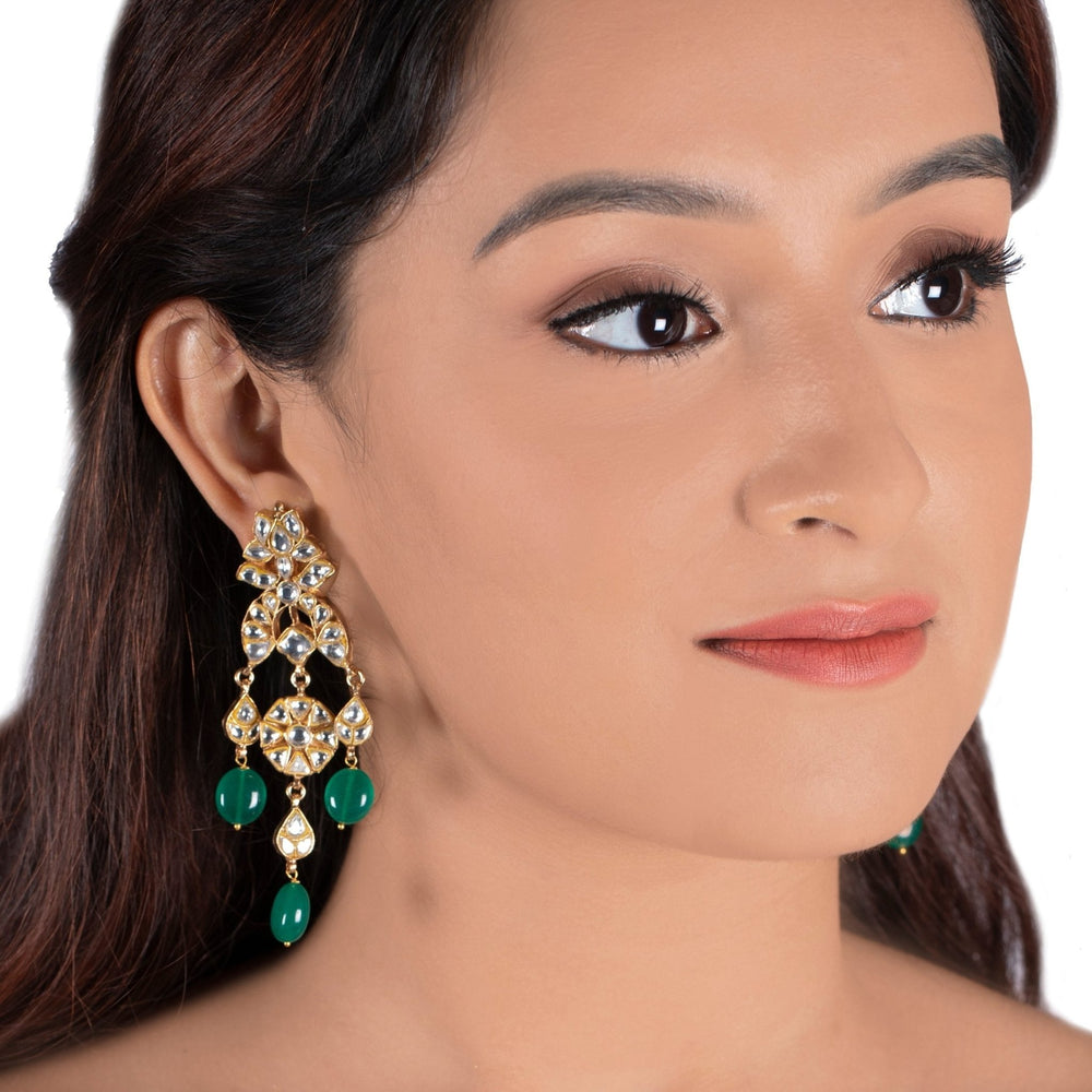 White Jadtar Stone Earrings With Green Beads Riana by Shikha Jindal - Fabilicious Fashion
