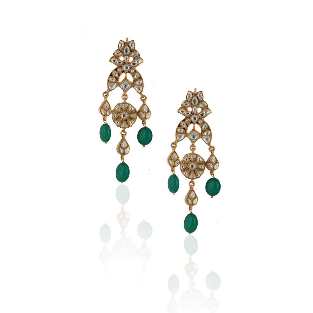 White Jadtar Stone Earrings With Green Beads Riana by Shikha Jindal - Fabilicious Fashion
